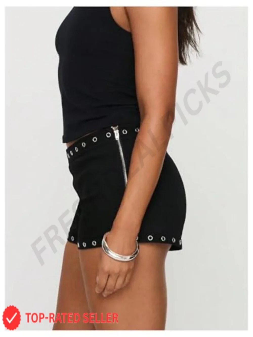 High Rise Goth Micro Shorts with Grommets & Zipper, Festival Rave Club Bottom